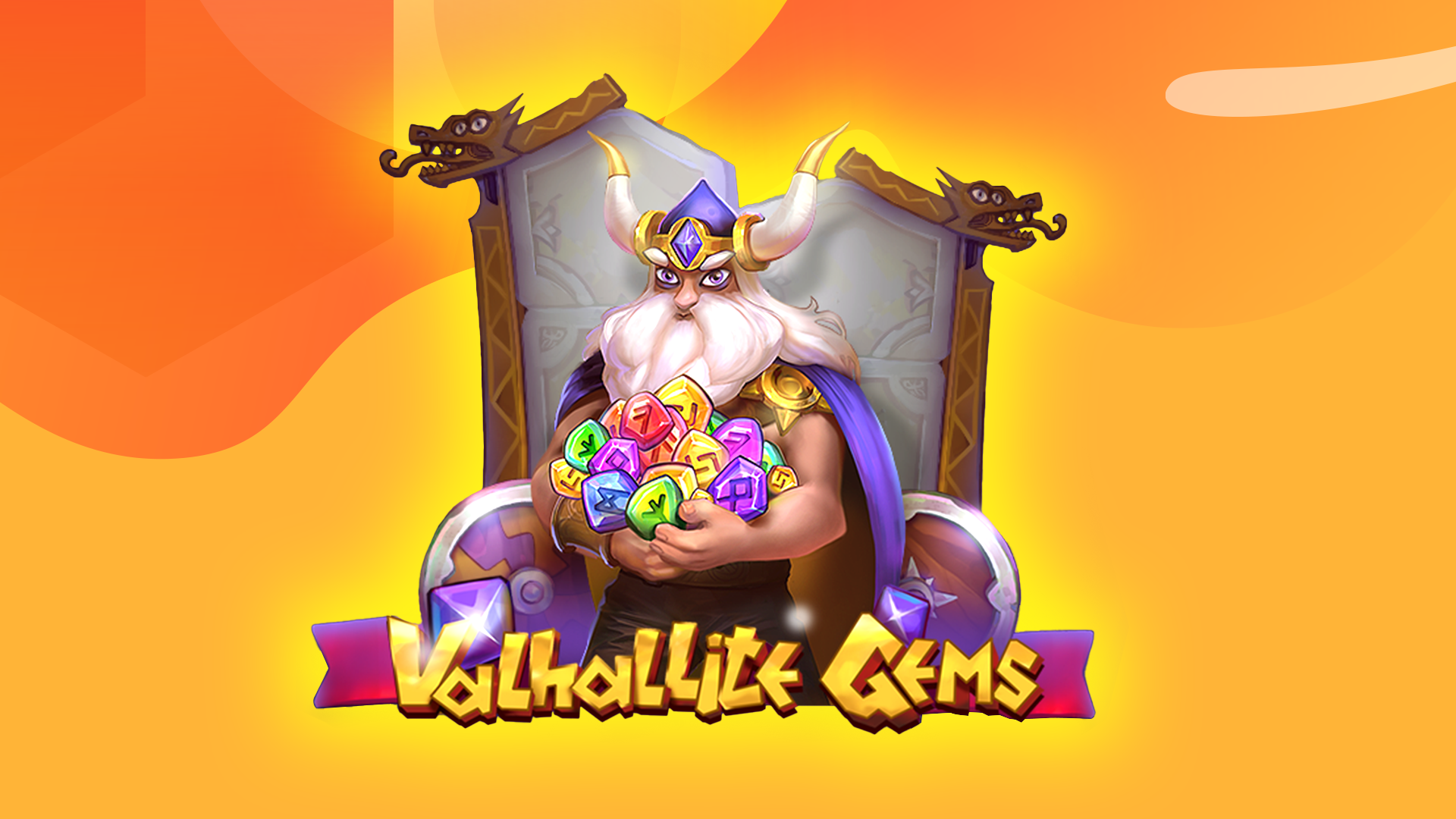 The logo for Valhallite Gems, featuring a Viking warrior holding colorful gemstones, seated on a throne with dragon carvings, set against a fiery orange backdrop.