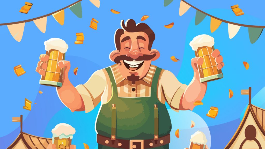 A smiling man is holding two frothy beers in either hand with festive banners hung above him and traditional German houses poking on either side. 