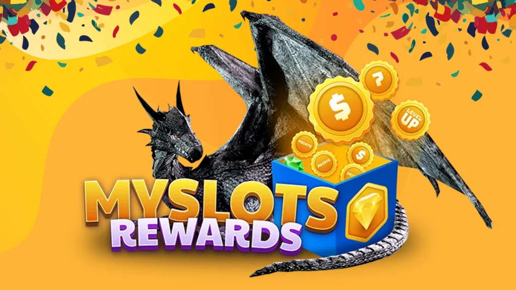 On a gold background, there’s a dragon behind text that says ‘MySlots Rewards’. A blue box is to the right with gold coins coming out and confetti is floating down from the top. 