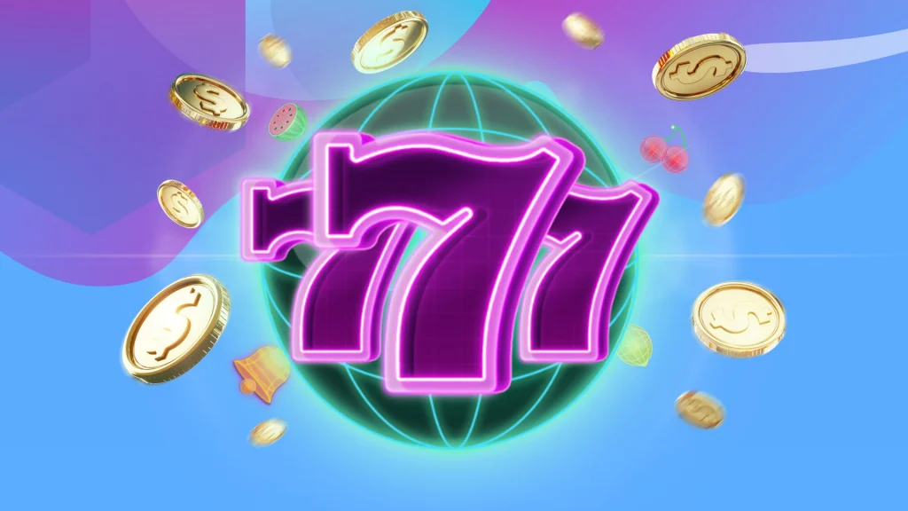 On a swirling purple and blue background there are various gold coins floating around a logo that says ‘777’. 