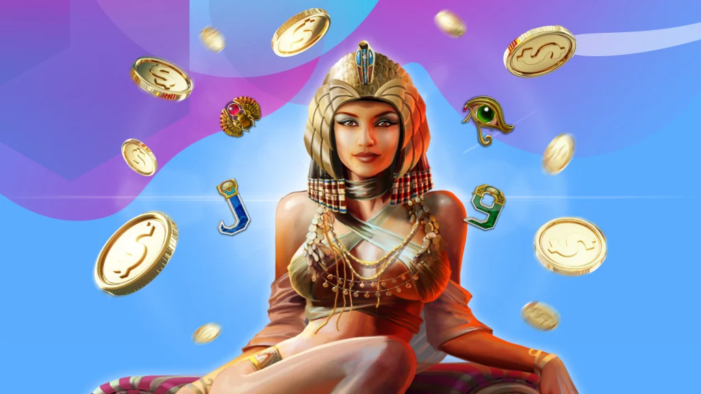 Cleopatra is poised seductively in the center of a swirling purple and blue backdrop and she’s dressed in ornate golden robes. Gold coins float around her. 