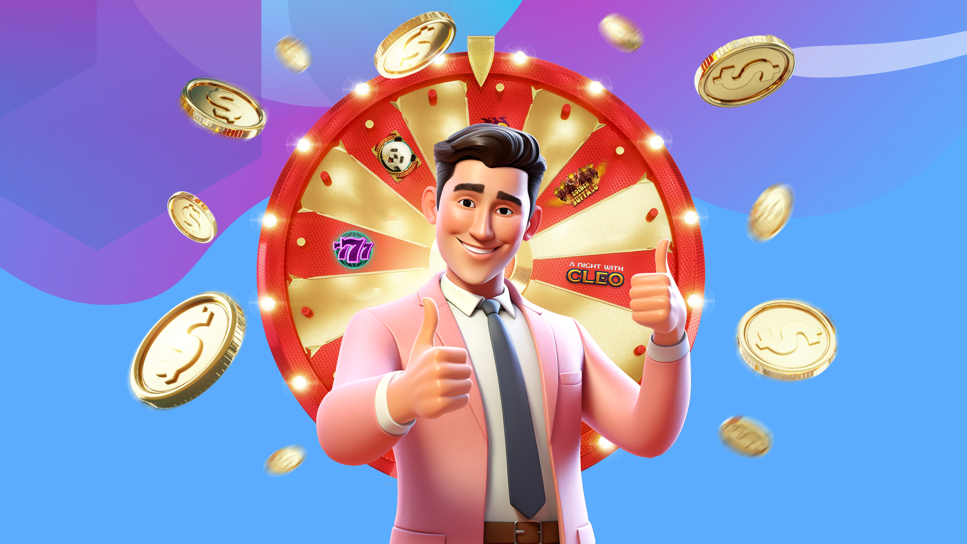 A man is flashing the thumbs up sign in front of a spinning wheel with slot symbols. Gold coins float around him and it’s all displayed on a swirling blue and purple background.