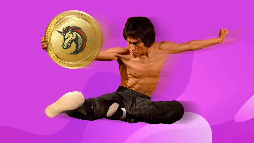 Bruce Lee is jump-kicking a gold coin with 1inch’s unicorn logo on it, all on a purple background. 