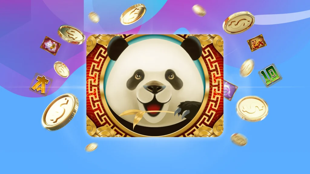 Gold coins are surrounding a picture of a panda smiling in the center, and it’s all on a swirling purple and blue background. 