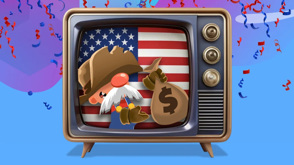 The slot character Gus is shown inside an old tube TV holding a brown bag with a dollar sign on it. Inside the TV is an American flag, and outside, confetti and purple balloons are falling, displayed on a light blue background.