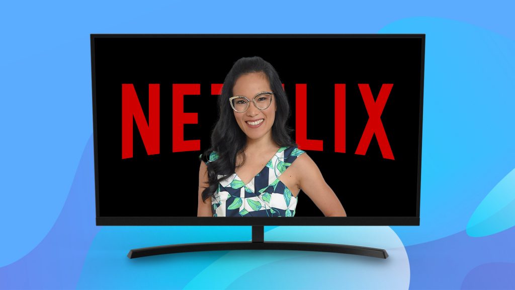 Visual guide on accessing Netflix on a laptop, highlighting Ali Wong's latest series "Single Lady."