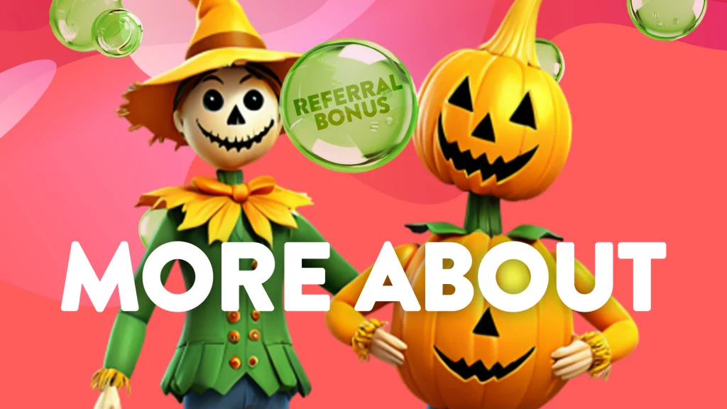 In the center of a pink image is the text ‘More About’ in white. Behind it are a scarecrow and a person dressed as two pumpkins.