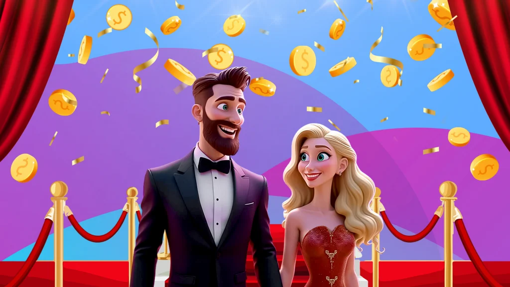 A man in a black tux and a woman in a red gown walk a red carpet on blue image swiped with purple banners. A red curtain opens around them, and gold coins float over their heads.