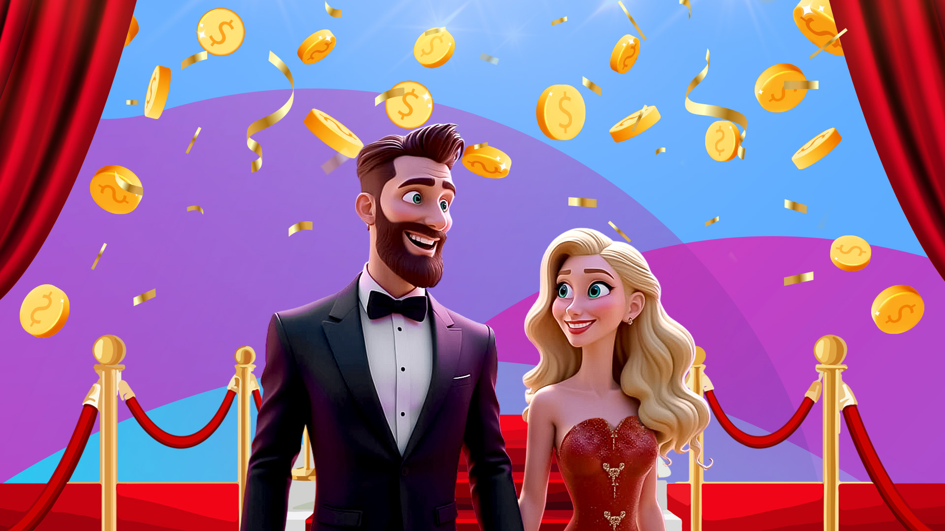 A man in a black tux and a woman in a red gown walk a red carpet on blue image swiped with purple banners. A red curtain opens around them, and gold coins float over their heads.