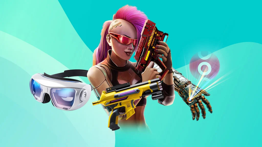 We see a cyberpunk woman displayed on a teal image with a pink mohawk holding laser guns, cyber enhancements, and VR goggles.