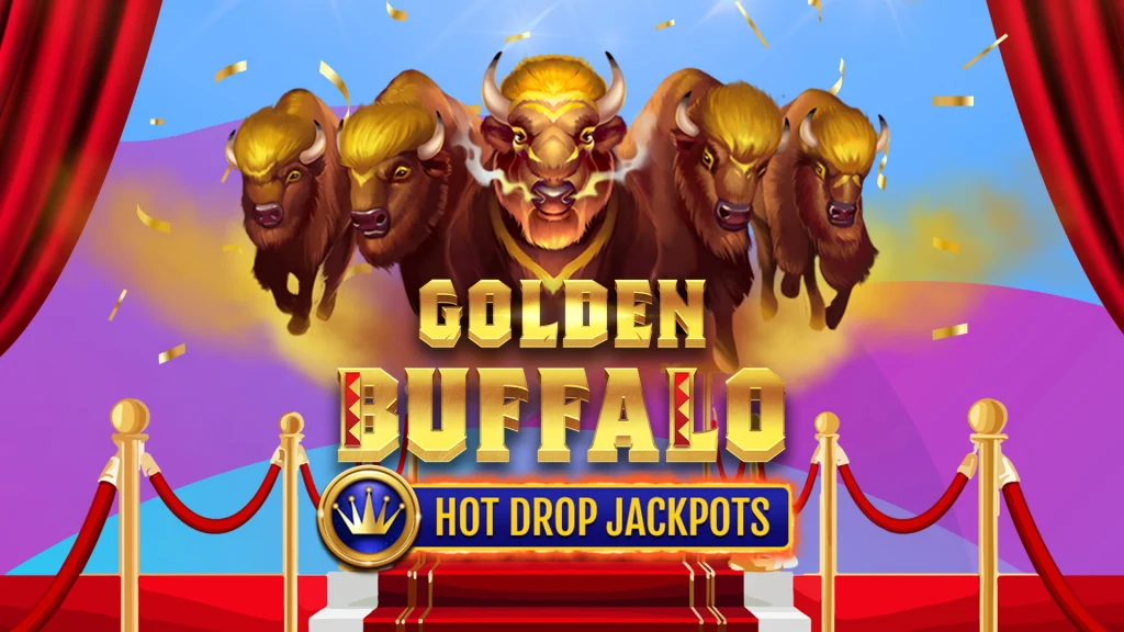 Red curtains are open on either side of five buffalos charging over a red carpet. Just under them is gold text that says, “Golden Buffalo Hot Drop Jackpots.”