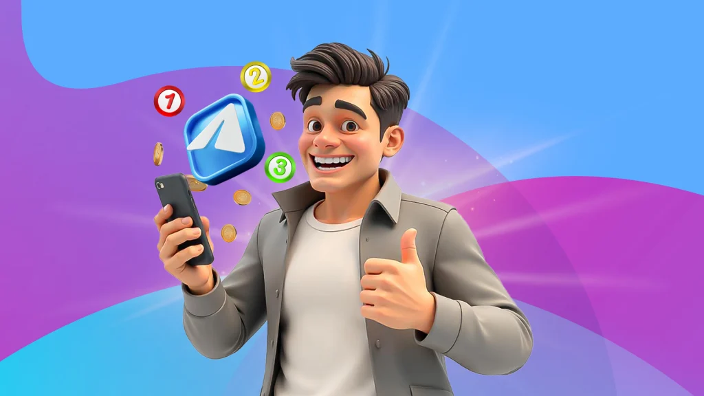 A man with dark brown hair flashes a “thumbs up” while he holds his phone with the Telegram logo projecting out of the screen.