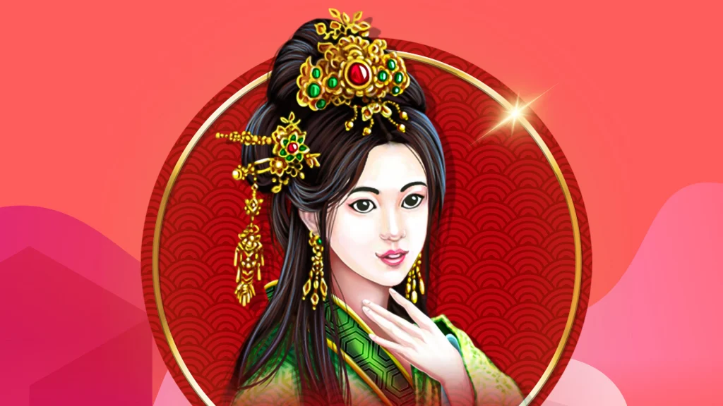 There’s a pink image with an Asian woman adorned in gold jewelry with gems in the center of a red circle.