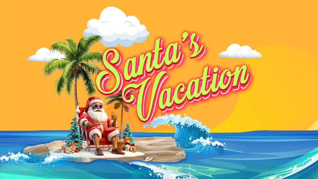 Santa Claus is lounging on a beach chair on a mini island lapped by waves. The sky is golden yellow, and neon yellow letters say “Santa’s Vacation.”