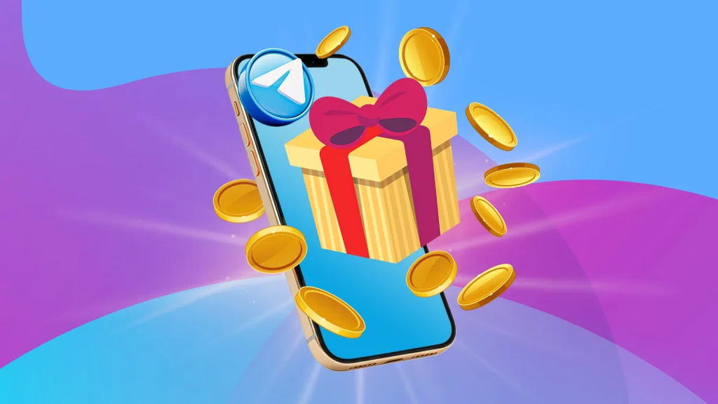 On a blue and purple image, a yellow gift with a red ribbon is in the center of a phone with gold coins floating around it.