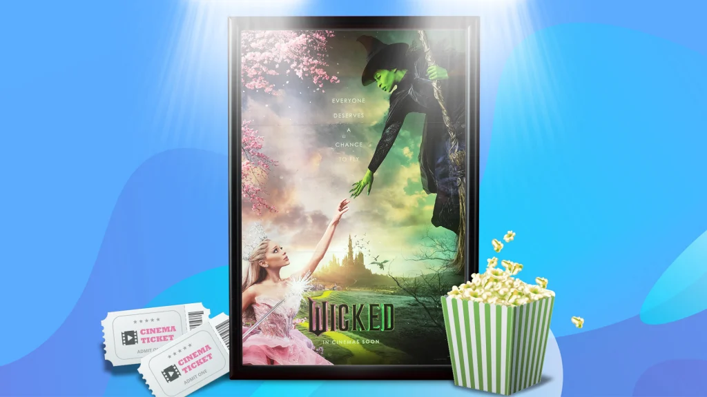 The movie “Wicked” poster is shown in the center of a blue background. To its left are movie tickets and to its right is a bag of popcorn. 