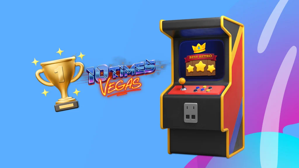 A retro arcade machine is on the right of a blue and periwinkle screen. To its left is a gold trophy with “1” engraved and neon text that says “10 Times Vegas.”