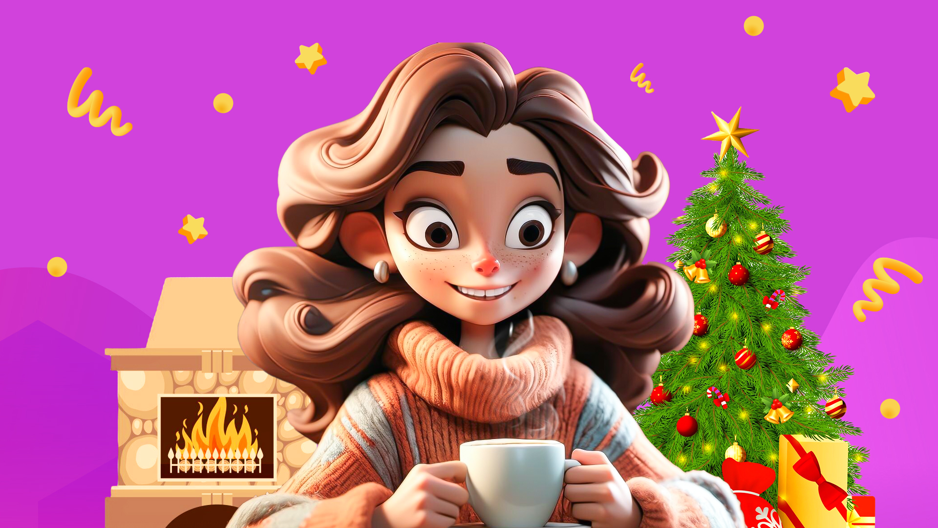 A woman in a cozy sweater holds a steaming mug. Behind her is a fireplace and a Christmas tree on a purple background.