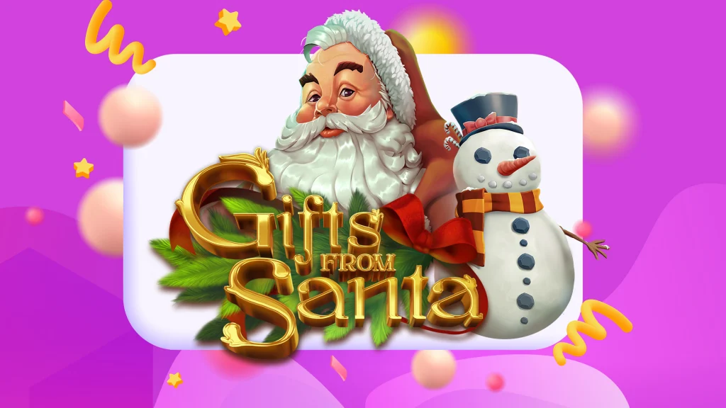 Santa Claus is at the center of a white square next to a snowman and behind gold letters that say, ‘Gifts From Santa.’ The rest of the image is purple with gold ribbons.