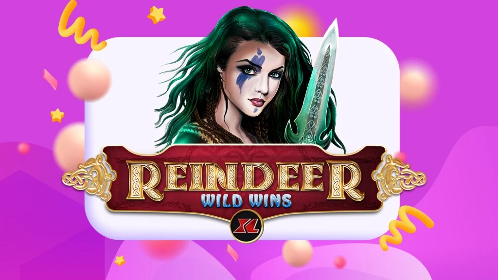 There’s a purple image, and in the center is a huntress with green hair wielding a glowing blade. In front of her is text that reads, ‘Reindeer Wild Wins XL.’