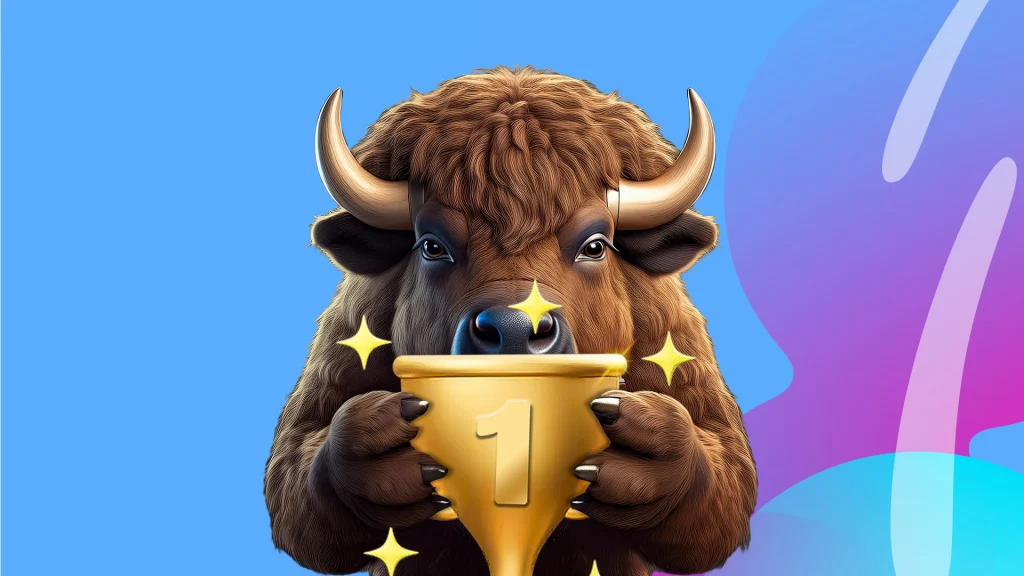 We see a brown buffalo cradling a gold trophy with ‘1’ engraved in the middle. Behind it is a blue and purple image.