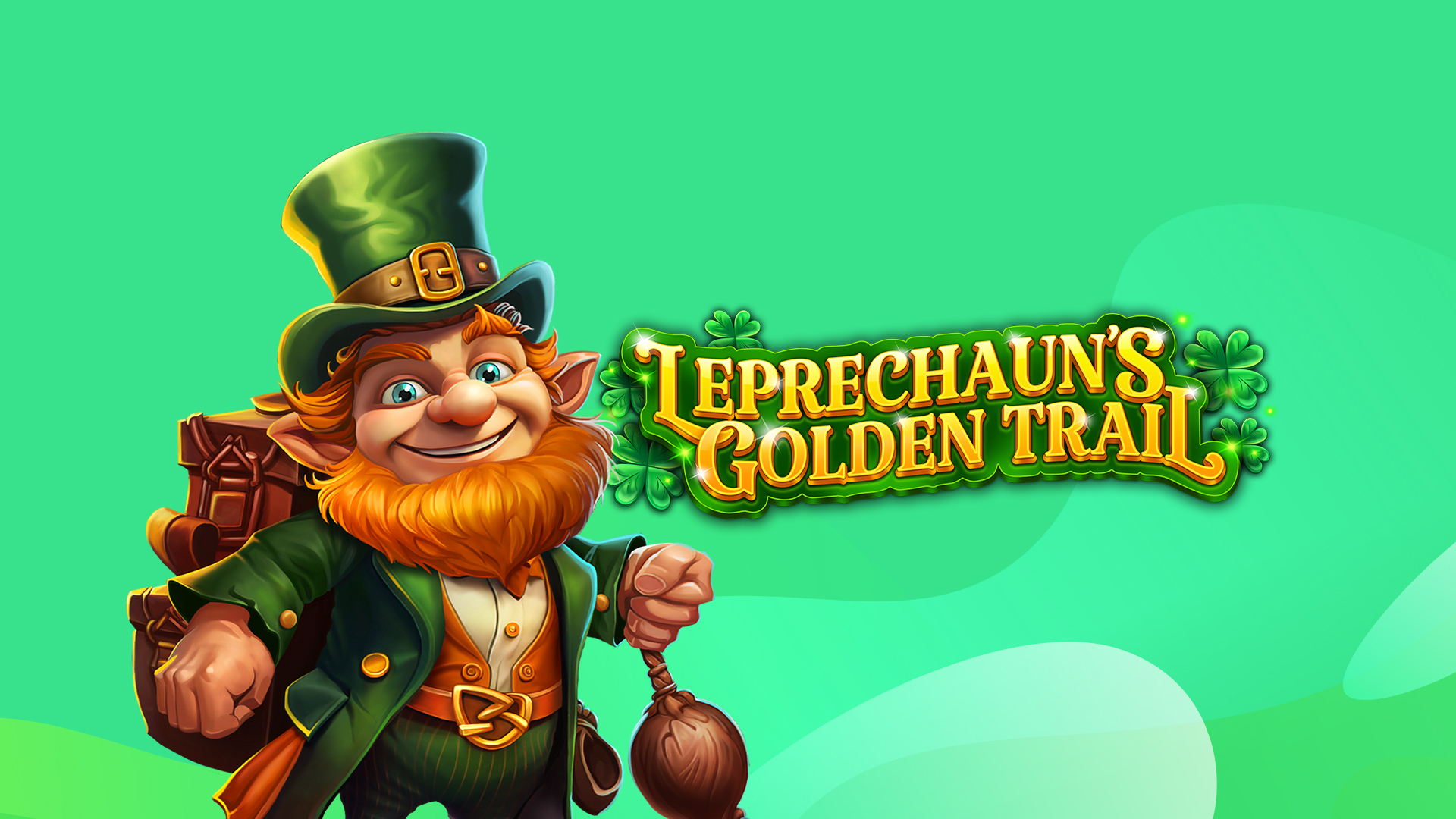 On a light green background, a jolly leprechaun with a red beard stands to the left of yellow block letters that read, “Leprechaun’s Golden Trail.”